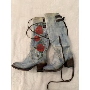 Freebird Cyrus Womens Boots 8 Leather Denim Roses Embroidery Distressed Laces